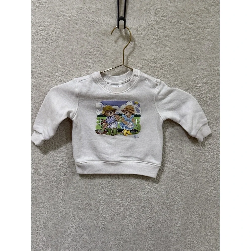 Ralph Lauren Polo Bear Gardening Graphic Crewneck Pullover Fleece Sweatshirt 12M